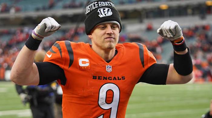 Cincinnati Bengals quarterback Joe Burrow celebrates after the Bengals defeated the Kansas City Chiefs 34-31 in an NFL football game, Sunday, Jan. 2, 2022, in Cincinnati.